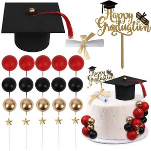 Graduation Cake Toppers - Graduations Cap Diploma Balls Congrats Grad Cake Decorations for 2025 High School College Senior Graduation Supplies (Red Black Gold)