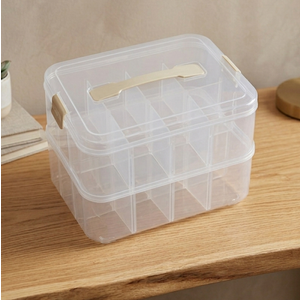 2 Layer Stack & Carry Box, Plastic Multipurpose Portable Storage Container Box Handled Organizer Storage Box for Organizing Stationery, Sewing, Art Craft, Jewelry and Beauty Supplies (Clear)