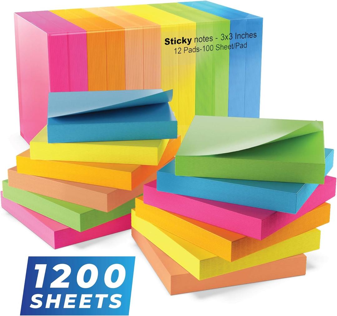 Infiniko Sticky Notes 3x3 Inch, 1200 Sheets (100 Sheets Per Pad), 6 Bright Color Sticky Pads, Super Sticky Notes with Strong Adhesive Office Supplies for Desk, School & Daily Planning
