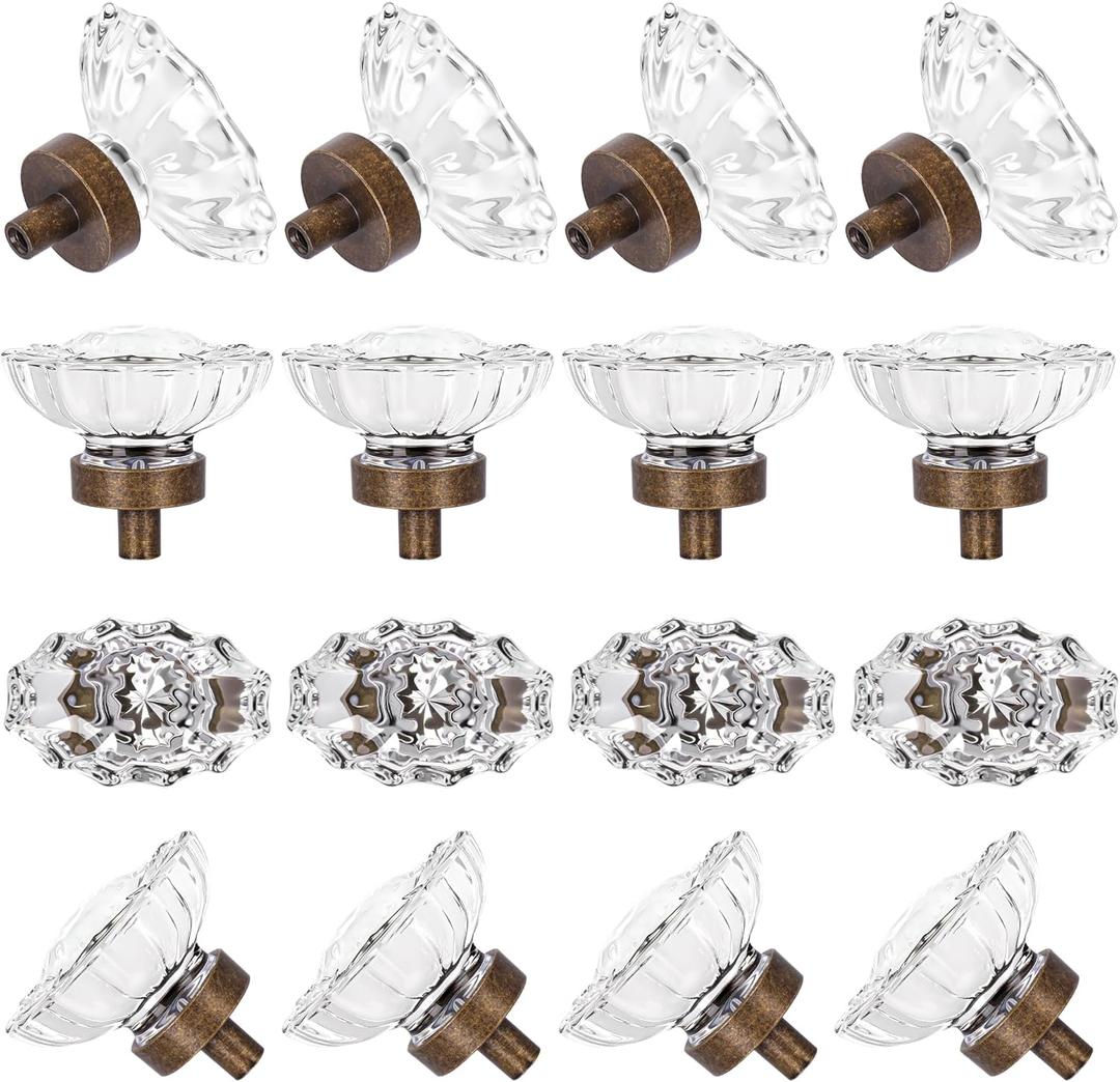 16 Pack Antique Brass Glass Crystal knobs for Dresser Drawers Cabinet, Oval Aged Bronze Crystal Knobs Vintage Drawer Knobs