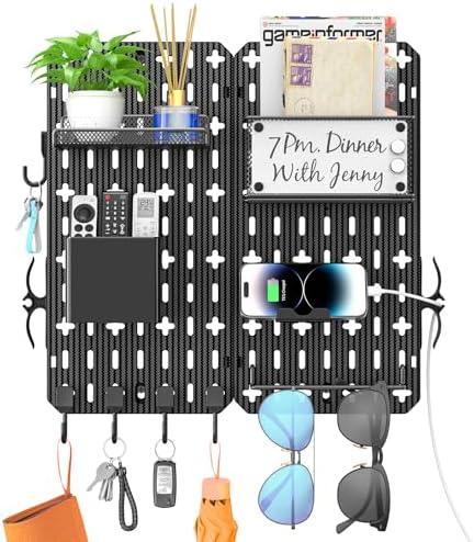 Key Holder Wall Mount 11-in-1 Mail Organizer 5 Key Hooks for Wall Metal Mail Holder Foldable Key Rack Entryway Decor Key Hanger Shelf for Bedroom Keyholder Letter Glasses Storage Dog Leash Coat Rack