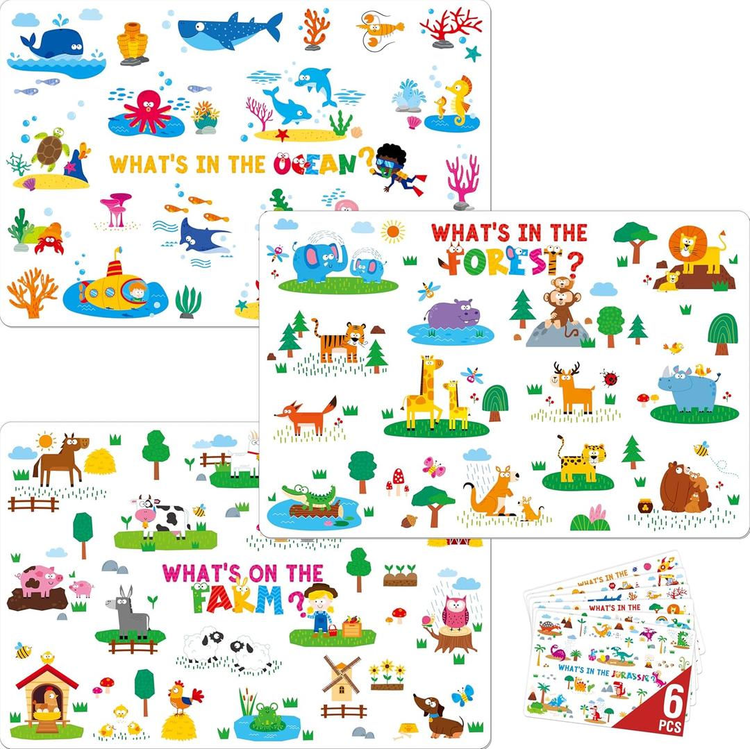 6 Pack Placemats for Kids, Non-Slip Washable, Reusable Placemat - Dinosaur, Farm/Wild/Marine Animals, Construction Site, Universe, Educational Placemats for Home, Kindergarten, Classroom, Nursery