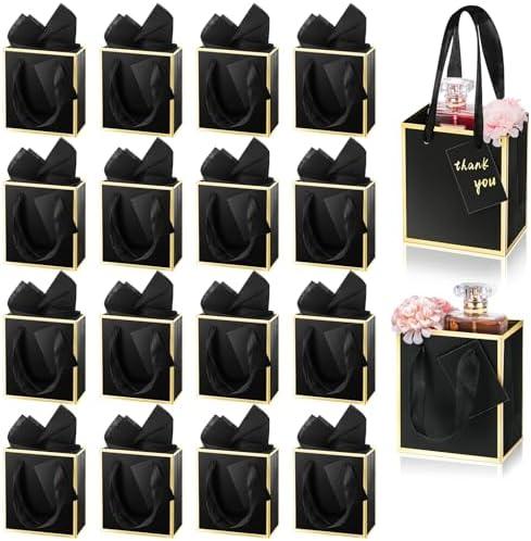 75 Pcs Mini Gift Bags with Handle & Tissue Paper 4x2.75x4.5'' Small Size Metallic Foil Paper Bag with Tag Tiny Thank You Favor Bulk for Wedding Bridal Baby Shower Groomsmen Birthday Party (Black, Gold)