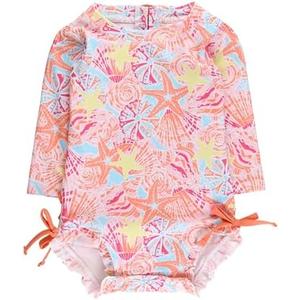 RuffleButts Baby Girls UPF 50+ Sun Protection Floral Printed Long Sleeve One Piece Rash Guard Swimsuit with Zipper, Size 6-12M