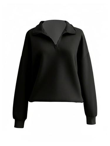 SOLY HUX Women's Quarter Zip Sweatshirt Collared Long Sleeve Drop Shoulder Pullover Tops Casual Fall Clothes Pure Black Small