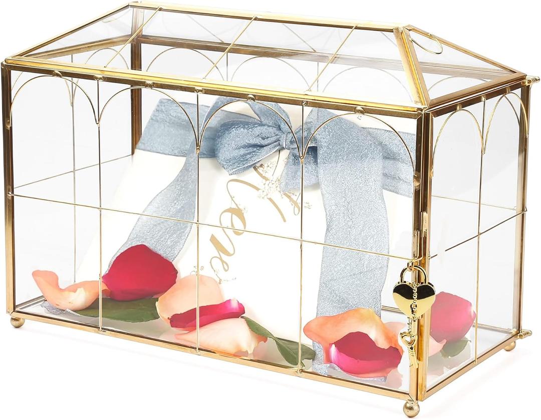 12.6" Glass Card Box Wedding Card Box with Lock for Wedding Reception Cosmetic Home Decor, Handmade Large Geometric Terrarium with Hinged Lid, Brass Frame - (Golden/House)