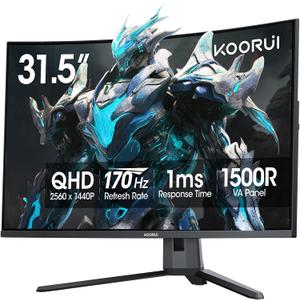 KOORUI 32 inch Curved Gaming Monitor, QHD (2560 x 1440) 2K 170Hz 144Hz Monitor, 1ms 1500R Display, 90% DCI-P3, Adaptive Sync, Tilt Adjustable, VESA Compatible, DisplayPort HDMI, Black