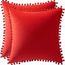 Throw Pillow Covers 20x20 Red: 2 Pack Cozy Soft Pom-poms Velvet Square Decorative Pillow Cases for Farmhouse Home Decor