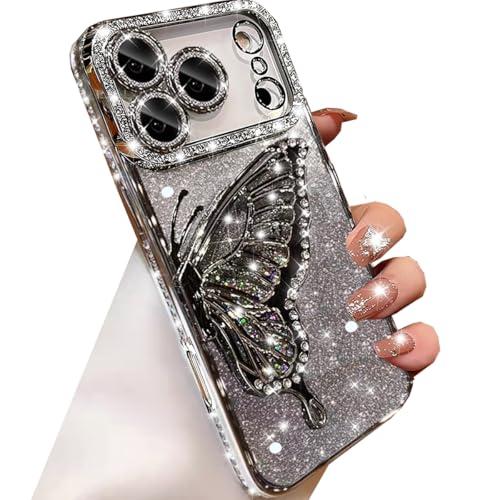 Changjia for iPhone 17 Pro Max Glitter 3D Butterfly Case,Cute Luxury Bling Sparkly Diamond Rhinestone Liquid Flowing Case with Camera Lens Protector Women Girls Cover for iPhone 17 Pro Max 6.9",Silver