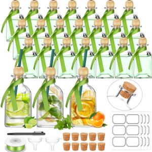 Hushee 24 Pcs 120ml Shot Glass Patron Bottles with Cork Straw 4 oz Mini Empty Tequila Bottles for Drinks Small Reusable Clear Patron Liquor Cups with Silk Ribbon Wedding Party Favors, 1.97 x 3.8 in