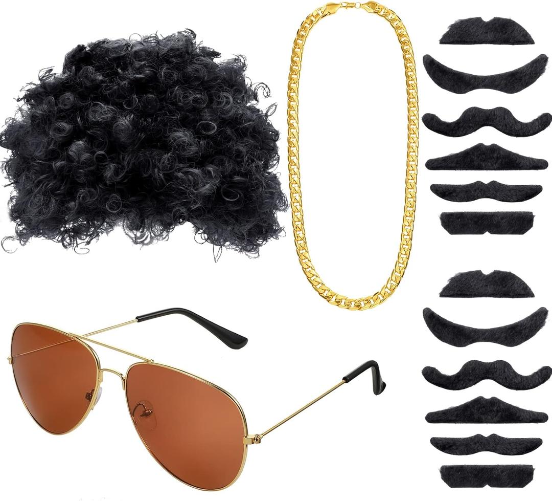 WILLBOND Hippie 70s Disco Costume Set for Men Short Curly Afro Wig Sunglasses Faux Gold Chain Fake Moustache Party Accessory (Black)