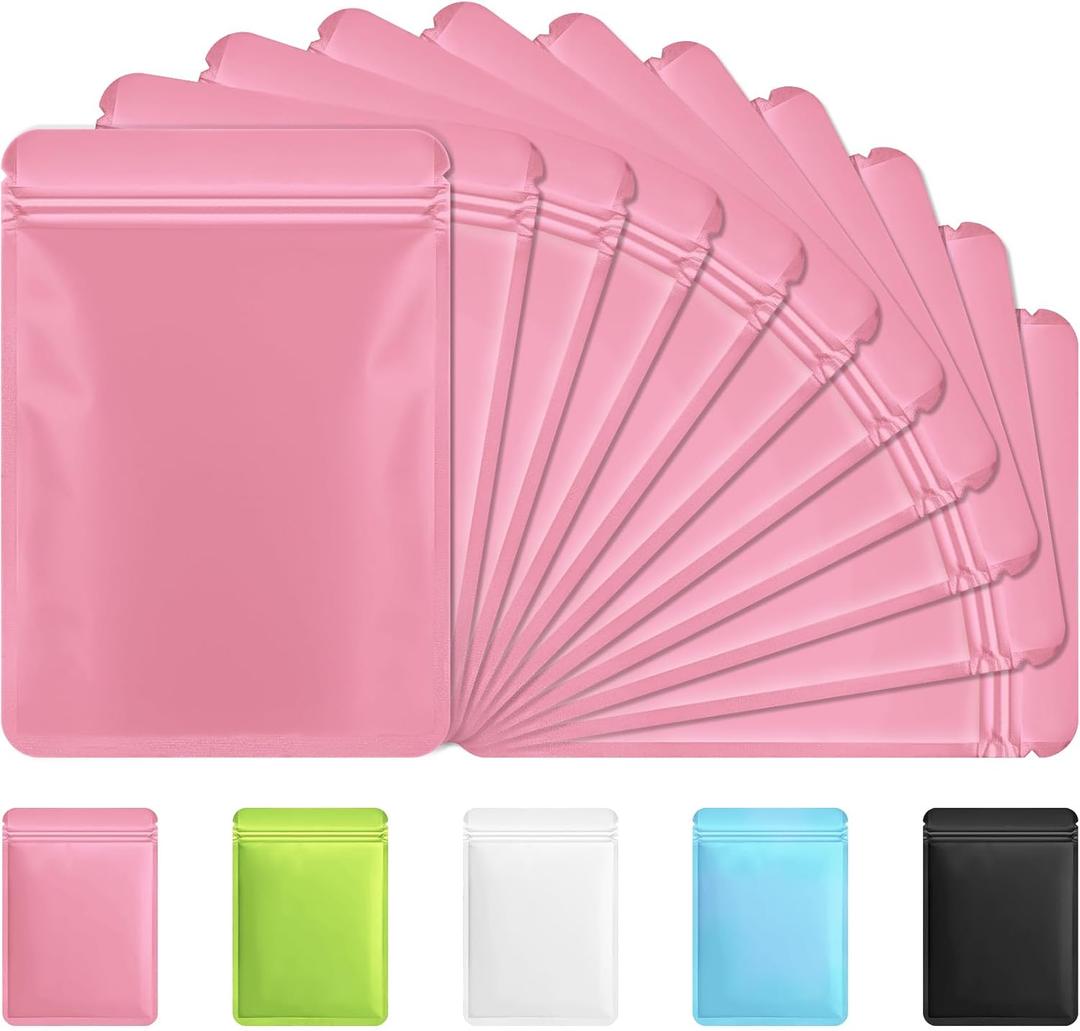 Funfery 100 Pack Pink Mylar Packaging Bags Resealable Bags Double Sided Color Odor Proof Pouch Baggies Smell Proof Foil Bags for Food Storage, Small Business(Pink, 6.3x9.4inch)