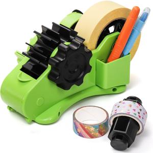 DEAYOU Multi-Roll Heat Tape Dispenser, 1" and 3" Double Reel Cores Sublimation Tape Dispenser for Pre-Cut Heat Transfer Tape, Semi-Automatic Desk Packaging Tape Dispenser with Compartment Slot, Green