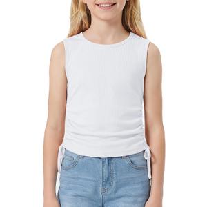 Girls Tank Tops: Round Neck Sleeveless Crop Tops Ribbed Knit Side Drawstring Dance Tops Size 7-14 Years