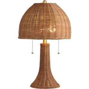 JONATHAN Y 22" Dark Brown/Brass Gold Bohemian Rustic LED Table Lamp for Bedroom, Natural Rattan Shade, Farmhouse Coastal Nightstand Lamp for Living Room, LED Bulbs Included (JYL4040C)