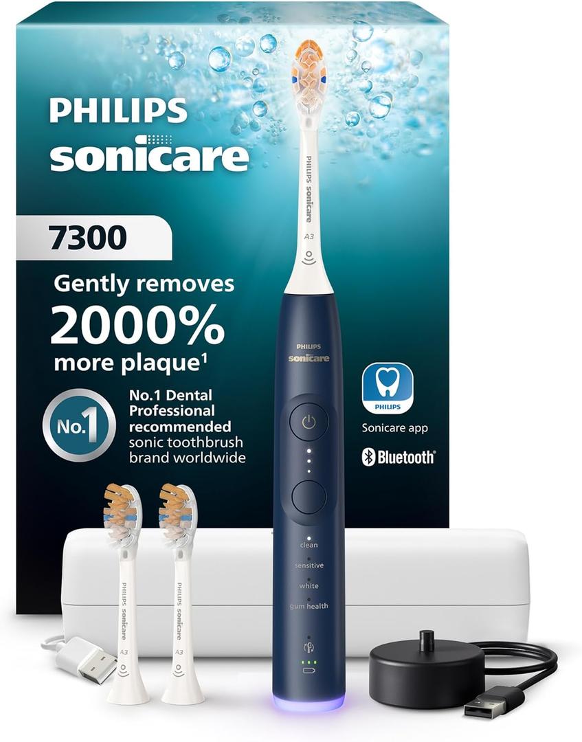 Philips Sonicare 7300 Series Electric Toothbrush - Next-Generation Sonicare Technology, Pressure Sensor, 12 Brushing Settings, SmarTimer, 21-Day Runtime, Travel Case, Navy Blue, HX7423/05