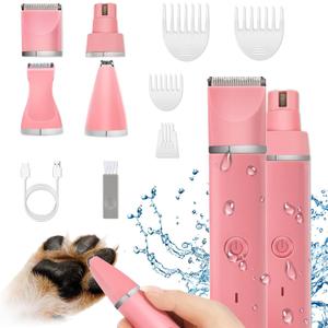 Dog Grooming Clippers Kit-Electric Rechargeable Cat Trimmer Tools-Cordless Quiet Pet Nail Paw Grinder-4 in 1 Multifunctional Low Noise Shaver-Razor for feet Face Ears Toenail EyePink