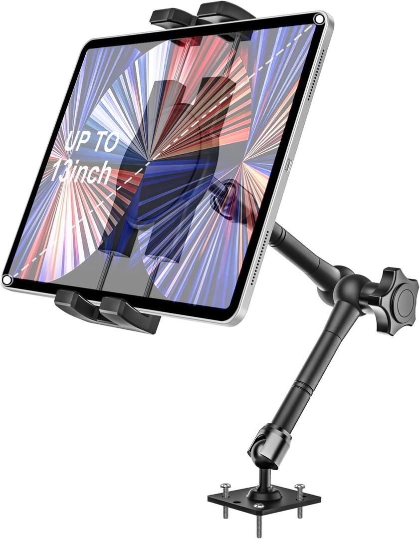 woleyi Drill Base Tablet Mount for Truck - [Metal Long Arm] Heavy Duty Truck Tablet Holder Dashboard Car Mount for Commercial Vehicles, Semi Trucks, for 4.7-13" iPad Pro, Air, Mini, Galaxy Tab, Z Fold