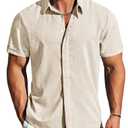 MAPICK Mens Shirts – Linen Short Sleeve Button Down Lightweight Breathable Summer Business Casual, Beach & Wedding Guest Beige, Medium