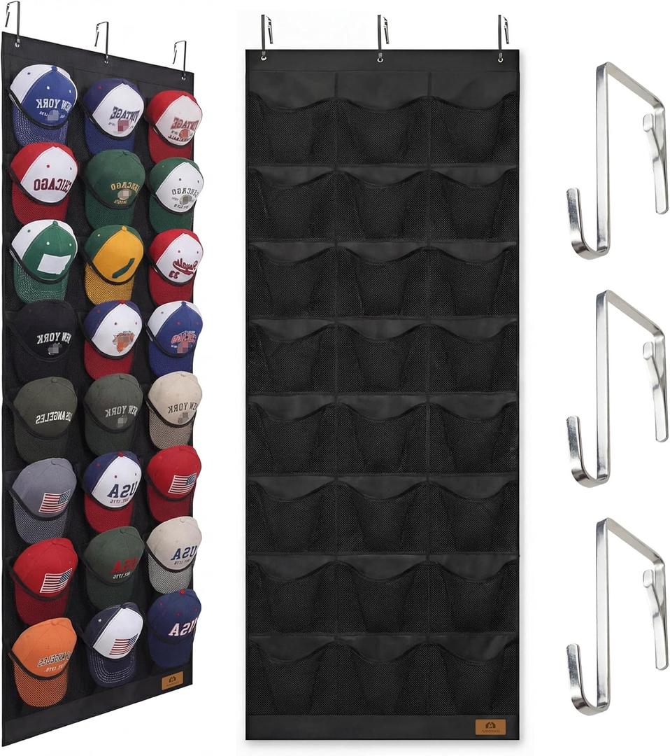 Hat Organizer for Baseball Caps, 24 Deep Pockets Hat Rack, Breathable & Visible, Black Hat Holder with 3 Hooks for Door, Bedroom, Closet Organizer