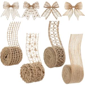 4 Rolls Burlap Ribbon Wired Natural Jute Burlap Lace 1.6-2 Inch x 16.4 Yard Wrapping Ribbon for Crafts, Big Bows, Wedding Gift Wrapping, Rustic Outdoor Decoration, Wreath, Holiday Party DIY Home Decor