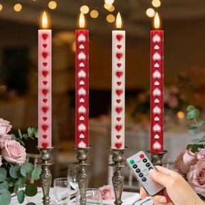 Valentines Day Candles Heart Flameless Taper Candles with Remote, Real Wax Battery Operated Candles,Romantic LED Candlesticks for Valentine Decor, Proposal Wedding & Dinner Table (4 Pack)