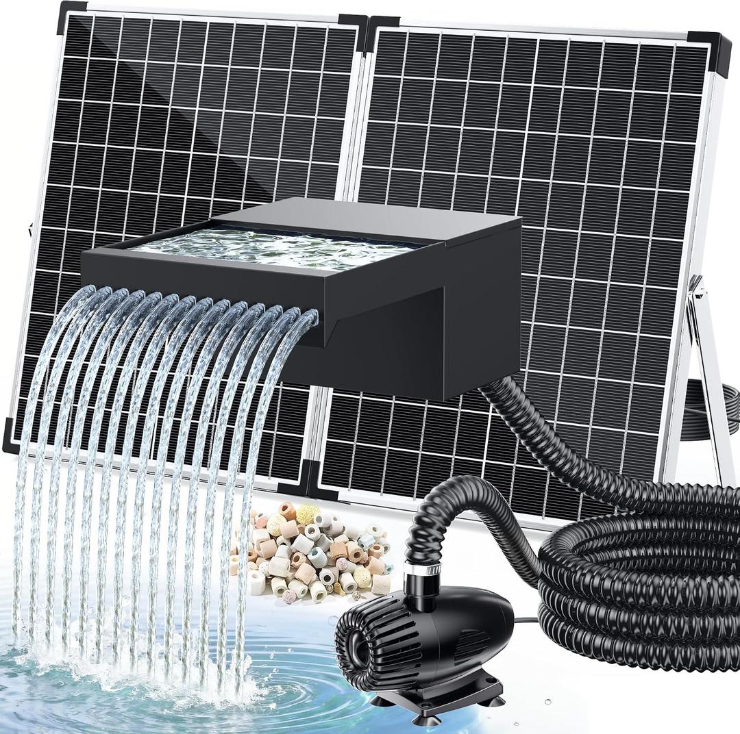 POPOSOAP 55W Solar Pond Waterfall Spillway with Fountain Pump, 304 Stainless Steel & Filtration System Pond Waterfall, 9.8FT Tubing for Koi Ponds, Garden Fountains & Landscape Water Features-P5552S