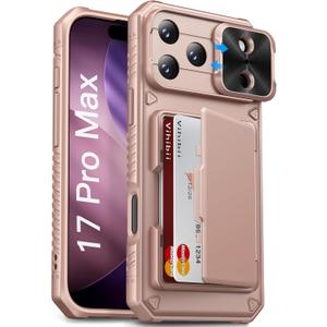 Vihibii for iPhone 17 Pro Max Case Wallet with Card Holder (4 Cards) [RFID Blocking] & Slide Camera Cover, Military Grade Drop Protection, Rugged Back & Silicone Edge Phone Case 6.9" 2025, Rose Gold