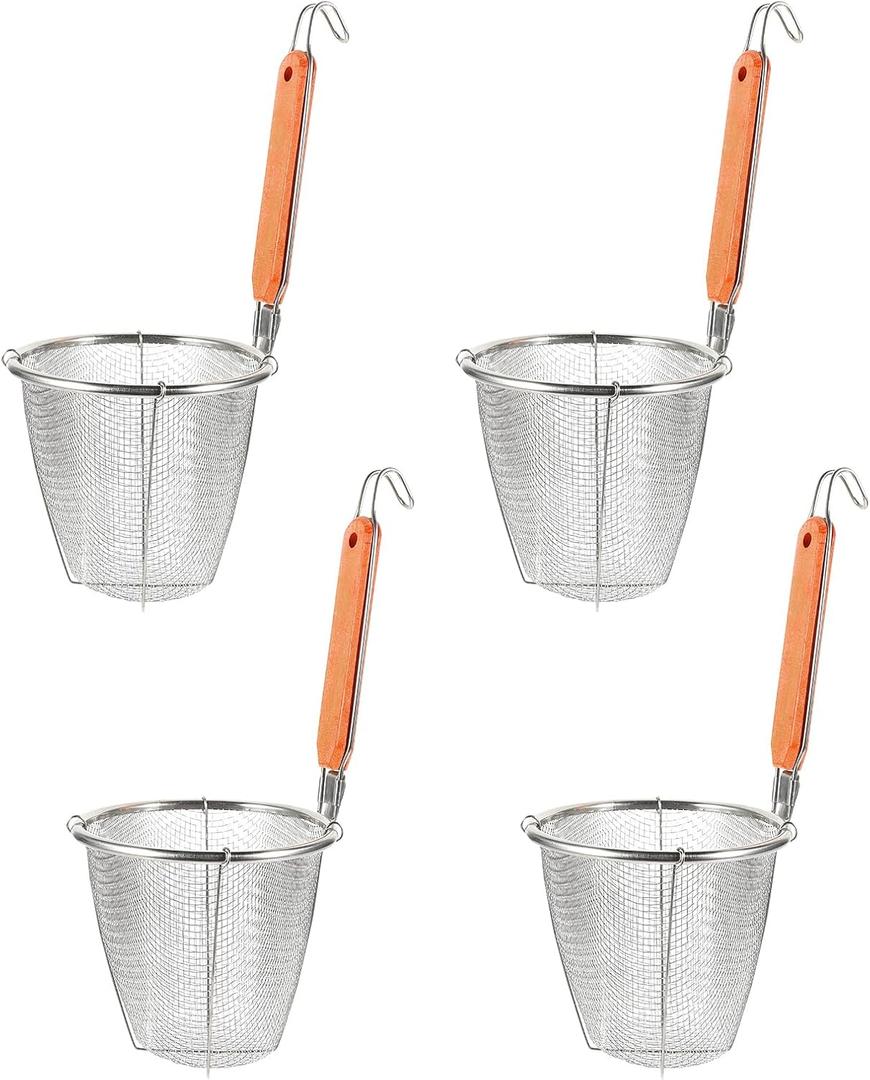 Angoily Pasta Strainer, 4PCS Mesh Pasta Basket with Wooden Handle, Stainless Steel Spider Strainer Sieve Noodle Strainer Blanching Basket, Deep Colander Insert for Pot for Kitchen Frying Cooking Angoily Pasta Strainer, 4PCS Mesh Pasta Basket with Wooden Handle, Stainless Steel Spider Strainer Sieve Noodle Strainer Blanching Basket, Deep Colander Insert for Pot for Kitchen Frying Cooking