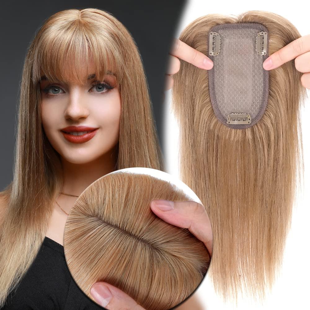 MY-LADY Human Hair Toppers for Women Real Human Hair with Bangs Thin 7 * 13CM Silk Base with Lace Clip in Straight Remy Hairpieces 150% Density 16 Inch Dark Blonde