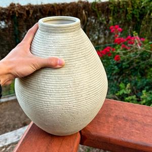 Rustic Ceramic Planter Pot, Terracotta Floor Vase with Textured Ribbed Design, Large Home Decor for Table Centerpiece, Farmhouse Style (Gray), 11.8"L x 11.8"W x 9.84"H