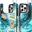 Shorogyt Compatible with iPhone 14 Pro Max Wallet Case with Card Holder - Designer Marble Pattern Kickstand Magnetic Clasp Back Flip Folio Leather Phone Covers Women Men Girls Cyan