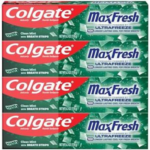 Colgate Max Fresh Toothpaste, Whitening Toothpaste with Mini Breath Strips, Clean Mint Toothpaste for Bad Breath, Helps Fight Cavities, Whitens Teeth, and Freshens Breath, 4 Pack, 6.3 Oz Tubes