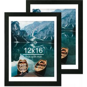 Hongkee 12x16 Picture Frame Set of 2, Rustic Black Wood Style - Display 12 x 16 Poster without Mat or 11x14 Picture with Mat, Wall Mounting Horizontal and Vertical