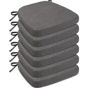 Sunsleek Chair Cushions for Dining Chairs, D-Shaped Seat Cushions with Removable Washable Cover and Ties, Chair Pads for Kitchen, Indoor Dining Room, Patio Chairs, 17'' x 16'', Set of 6, Dark Grey