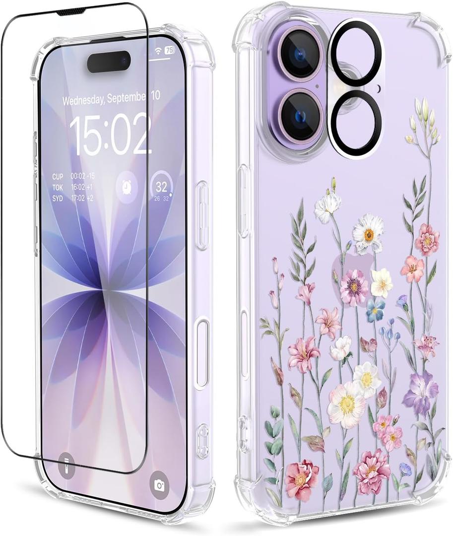 for iPhone 17 Case,[3 in 1] with Screen Protector & Camera Lens Protector, Flower Pattern Design,Clear Soft Shockproof Slim Floral Phone Cover for Women Girls 2025 6.3" (Blooming Flowerets)