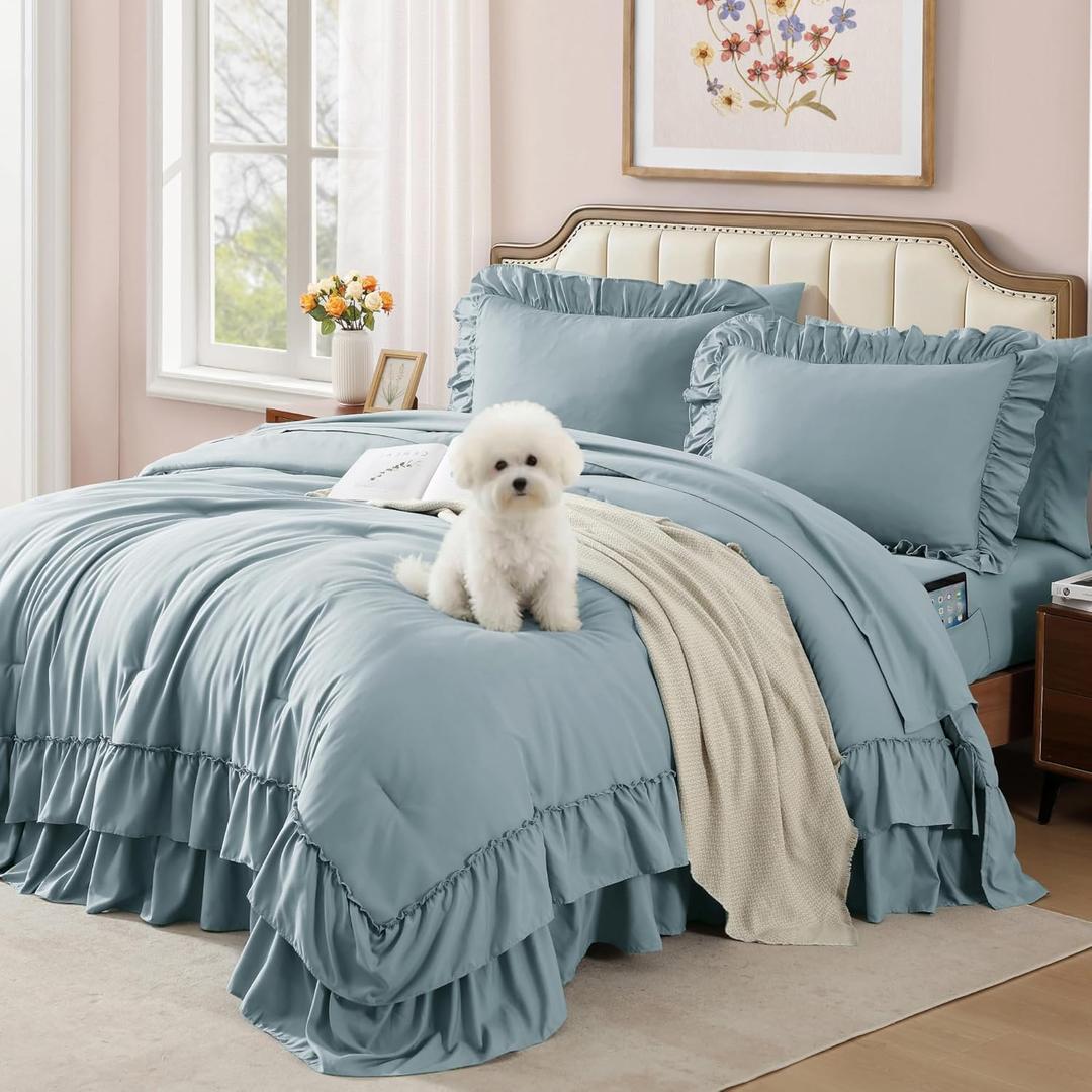 Full Comforter Set Dusty Blue, Ruffle Shabby Chic Bedding Set Farmhouse 7 Pieces, All Season Fluffy Bed in a Bag with Sheets, Pillowcases & Shams