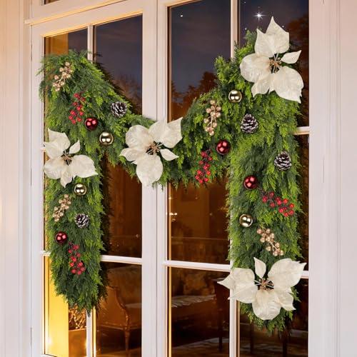 Real Touch Cedar Garland for All Year Decor, Thicken Cypress Green Artificial Greenery Garlands, 6FT Realistic Pine Garland with Flowers Berries Pinecones Balls, Cedar Garlands for Indoor Outdoor