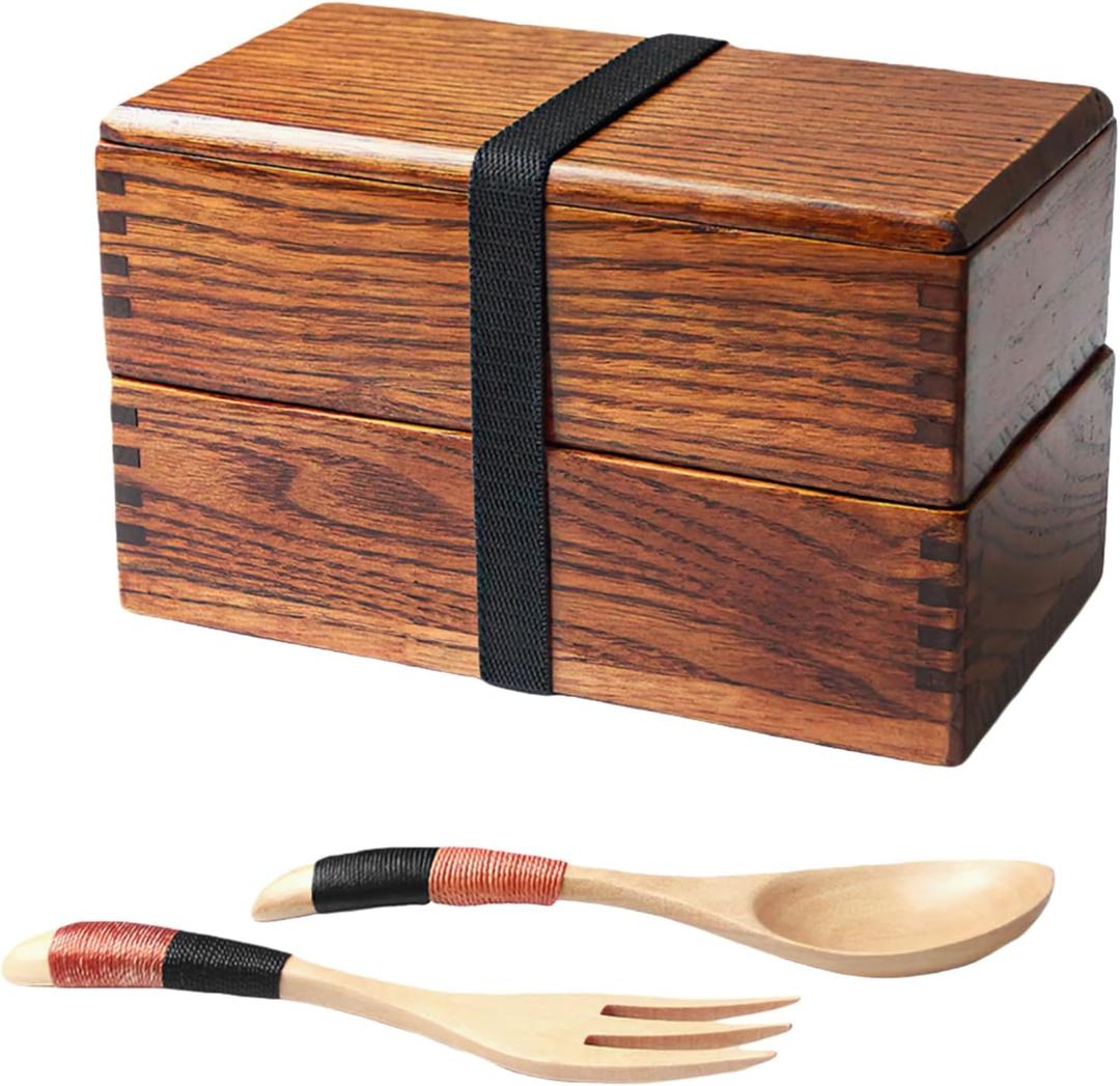 AOOSY Wood Bento Box, Lunch boxes, Japanese Traditional Natural Square Wooden Lunch Containers Women's Men's Adult Wood Bento Box with Spoon Fork kit