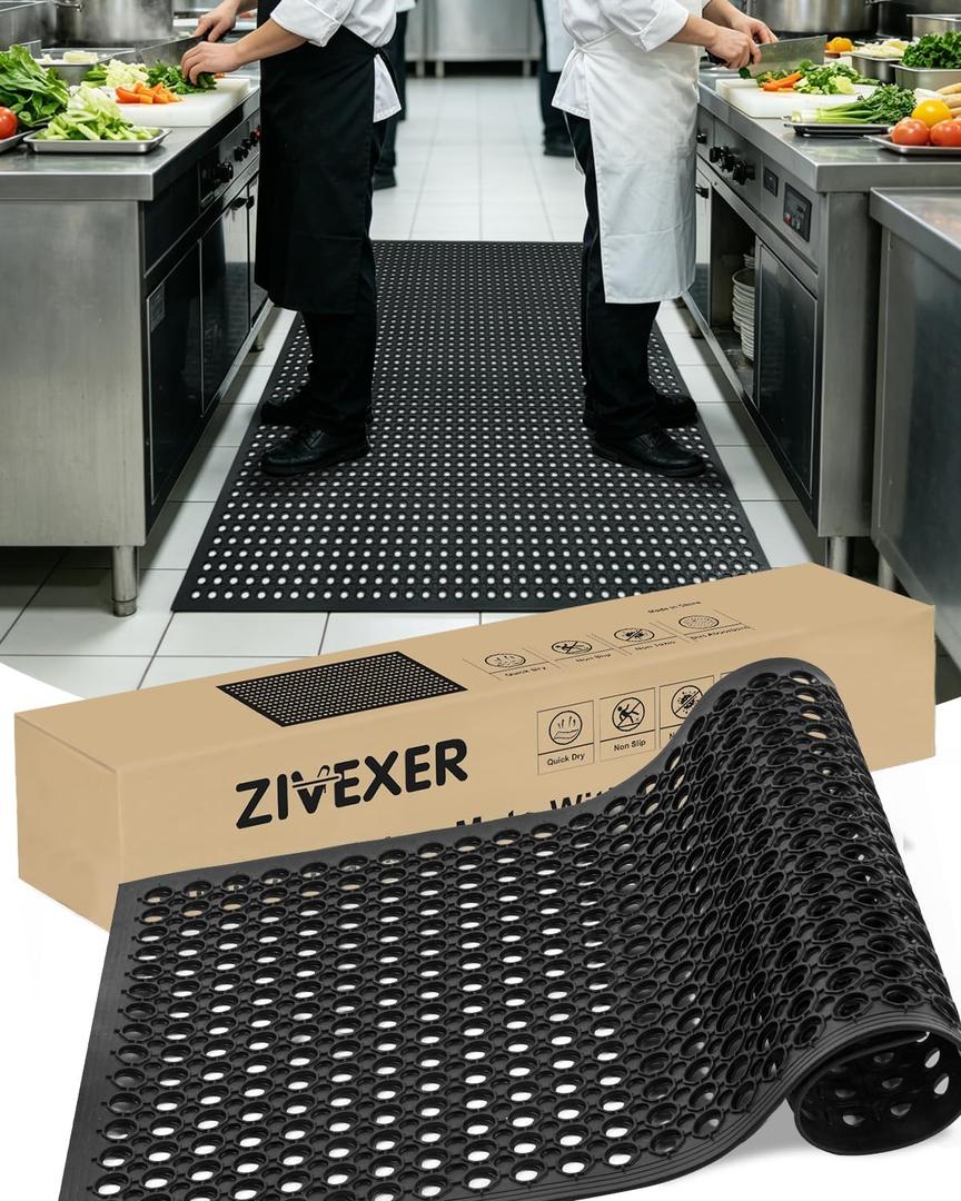 【10mm Extra Thick】36"x60" Heavy Duty Non-Slip Outdoor Rubber Door Mat with Drainage Holes, Large Rubber Mats for Bar, Garage, Kitchen, Waterproof Black Shop Matt, Fast Drying Restaurant Floor Mat, 3' x 5' (Rectangular)