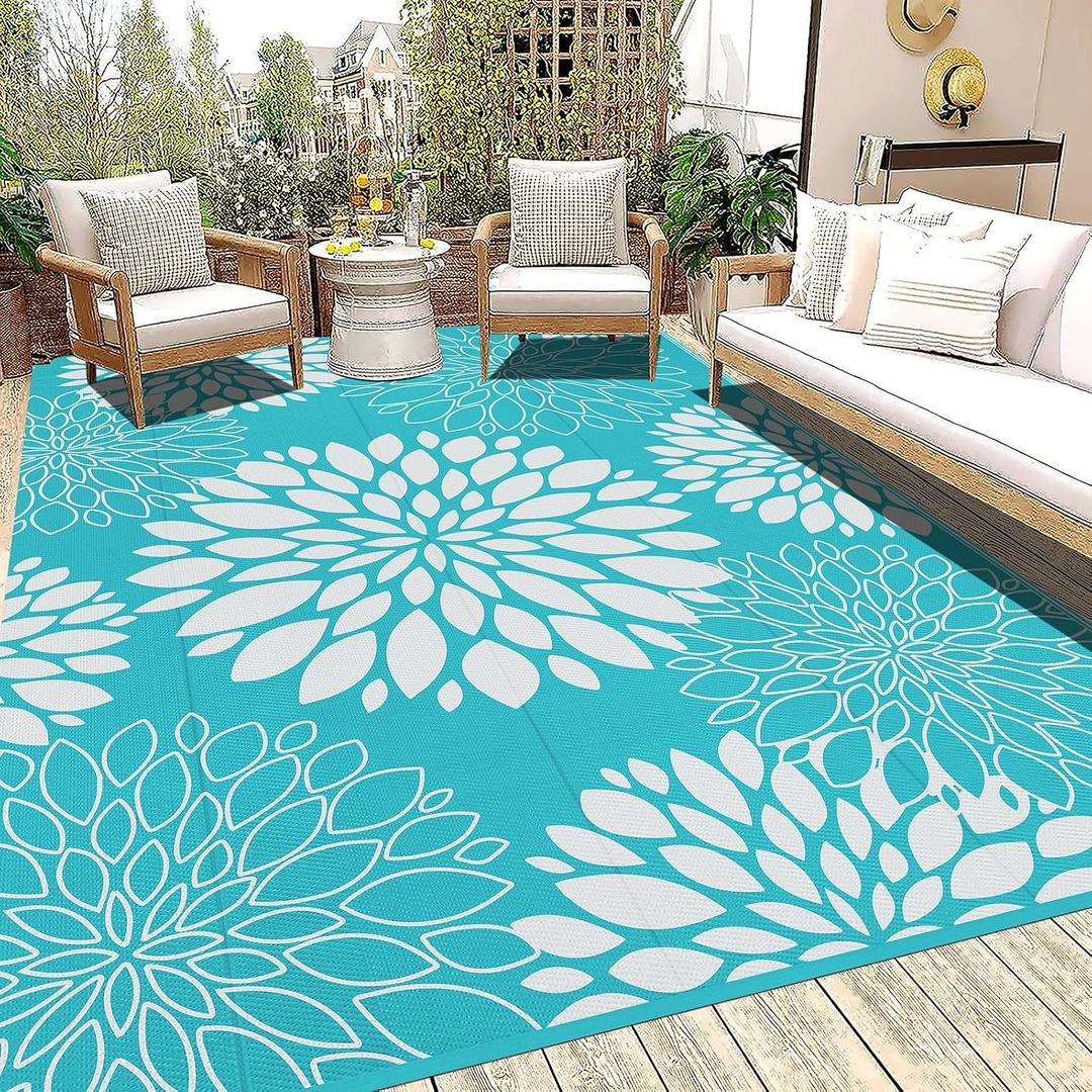 Ileading Waterproof Outdoor Rug 9x12, Reversible Plastic Straw Patio Rug, Portable Indoor Outdoor RV Camping Mat Carpet for Deck, Porch, Balcony, Backyard, Picnic, Floral Teal