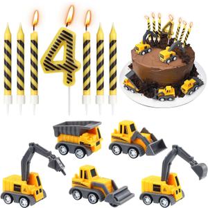 Number 4 Construction Birthday Candles, 12 Pcs Construction Cake Toppers Set, Digger Cake Topper for Birthday Anniversary Party Cake Decorations