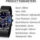 CRRJU Men's Fashion Casual Watches Auto Date Chronograph Watch Men Nice Work Watches Waterproof 30M Full Steel Quartz with Mesh Strap