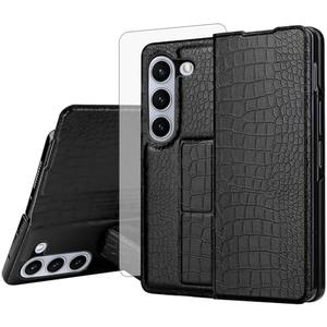 Furiet for Samsung Galaxy Z Fold 5 5G 2023 PU Leather Phone Case of Crocodile Pattern & Tempered Glass Screen Protector Wrist Strap Anti-Slip Slim Thin Stand for ZFold5 Z5 G Fold5 5Z Women Men Black