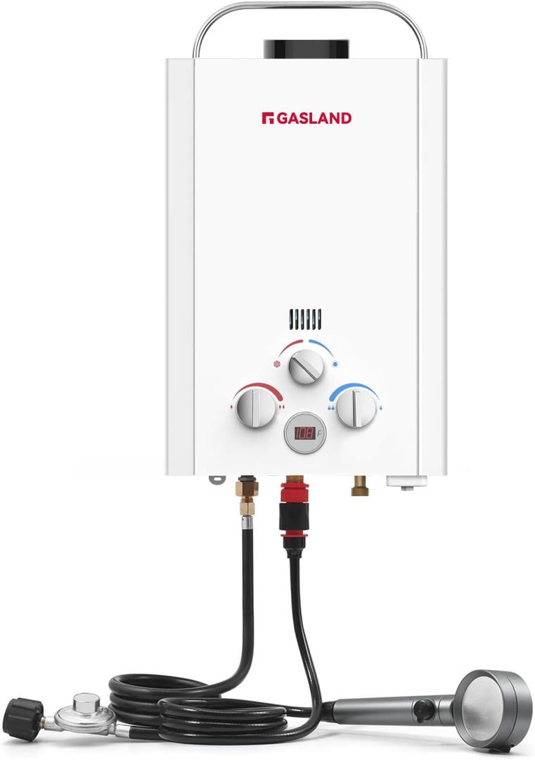 GASLAND BE158 Propane Tankless Water Heater 6L, Outdoor Portable Hot Water Heater, Overheating Protection, Easy to Install, Use for RV Cabin Barn Camping Boat, White