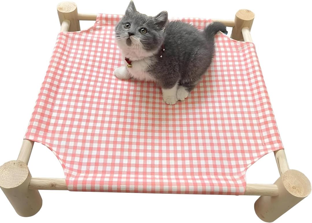 Pozico Elevated Cat & Dog Bed Wooden Frame Pet Hammock for Small Dogs & Cats, Indoor/Outdoor Raised Bed with Breathable Mesh, Portable Pet Cot Furniture Pink Grid