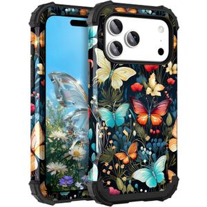 Hocase Heavy Duty Case for iPhone 17 Pro 6.3"", Joyful Butterfly | Shockproof Protection Soft Silicone Rubber+Hard Plastic Bumpers Hybrid Protective Case for Women & Girls