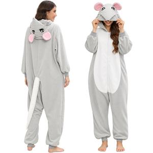Adult Mouse Costume Rat Onesie Animal Pajamas Mouse Halloween Costumes Cartoon Cosplay Sleepwear for Women Men (Gray, S)