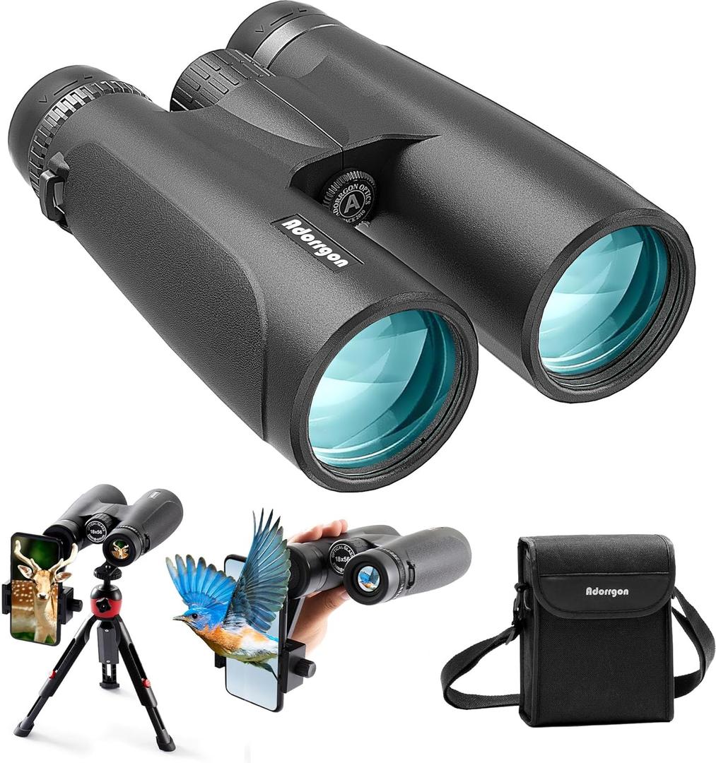 18x56 HD Binoculars for Adults High Powered with Phone Adapter and Tripod, Super Powerful BAK4 Prism FMC Waterproof Binocular with Clear Low Light Vision, Binoculars for Hunting Bird Watching Travel