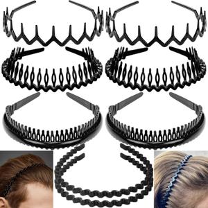 8 PCS Fashion No Slip Effortless Plastic Headbands with Teeth Comb Black Skinny Headbands Hair Accessories Bands for Women Men Teen Girls, Classic Black Bright